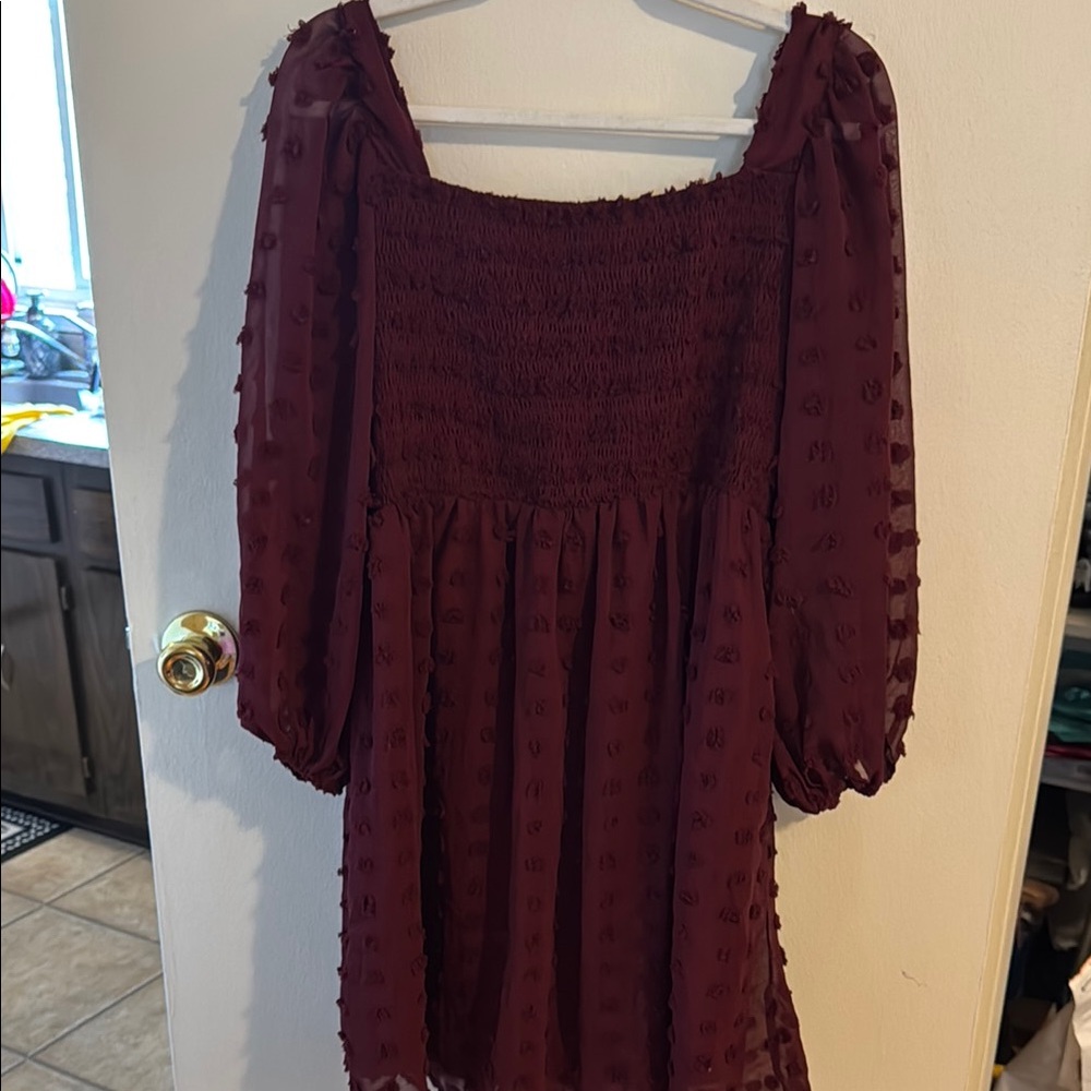 Burgundy Smocked Dress with Puff Sleeves